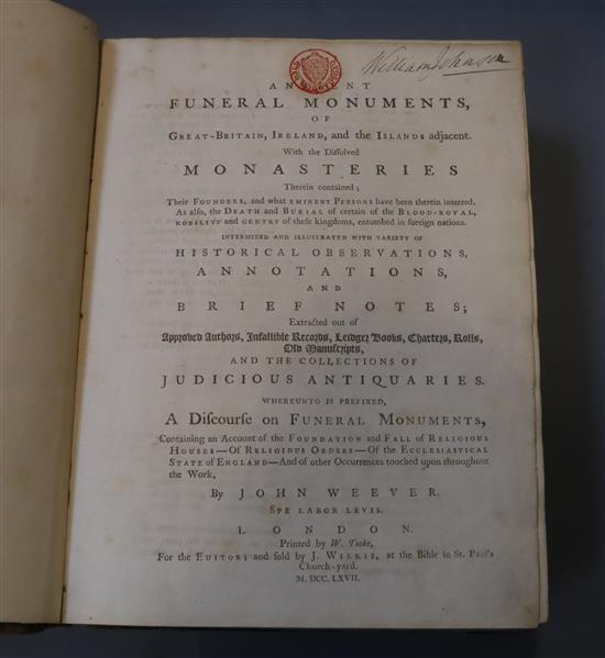 Weever, John - Antient Funeral Monuments of Great Britain, qto, calf gilt, lacks portrait, 5 engraved plates,